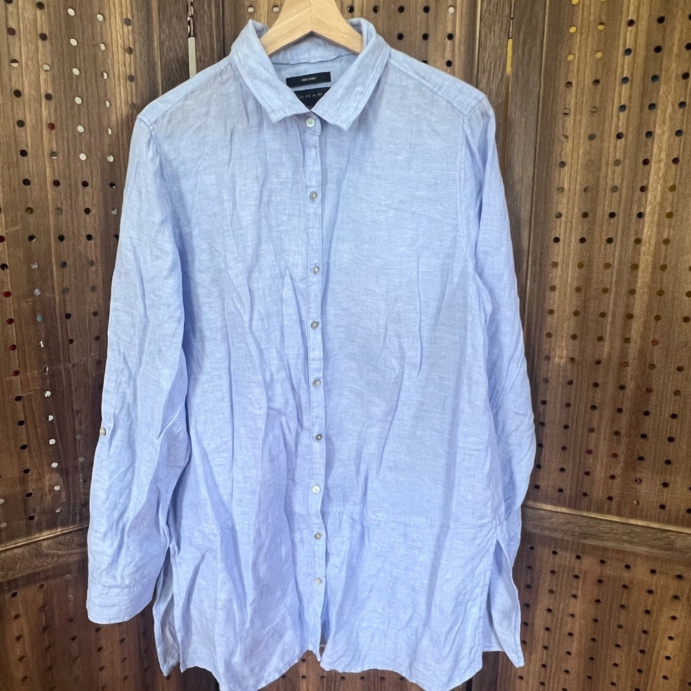 Tahari 100% Linen Light Blue Roll Sleeve Blouse Women's Large Summer Lightweight